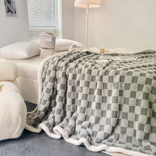 HKM-580563 Checkerboard Lamb Plush Blanket Quilt Set for All Seasons - Multiple Color Options and Sizes Available