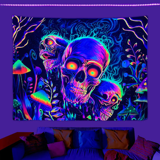 HKM-583699 Fluorescent Skull Geometric Abstract Tapestry - UV Black Light Background Fabric