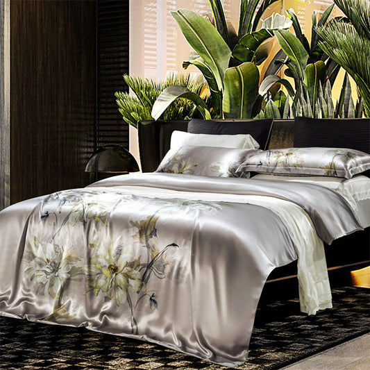 HKM-585491 Digital Printed Four-Piece Bedding Set with Plant and Flower Design, Silk Material, 220x240cm
