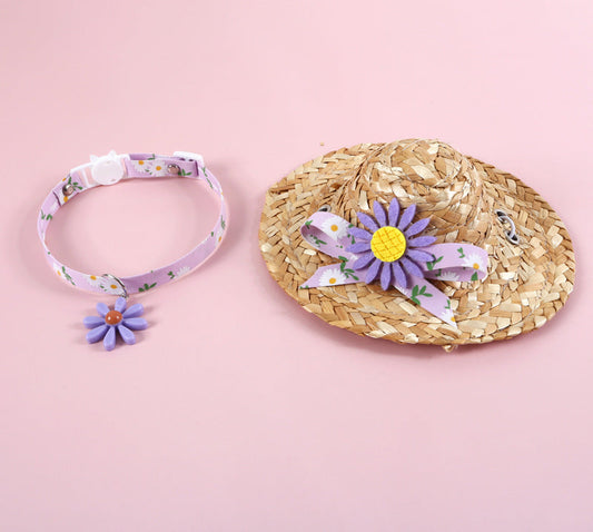 HKM-585875 Small Daisy Sun Flower Bell Funny Cat Stick Collar Bow Straw Hat
