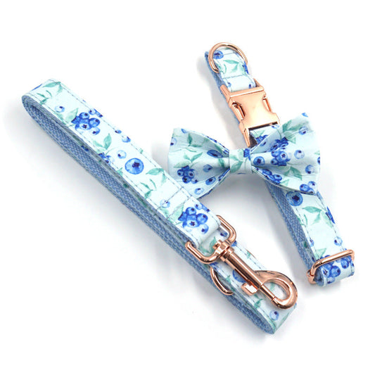 HKM-5876029 Stylish Blue Dog Collar with Leash and Rose Gold Buckle