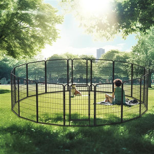 HKM-587667 Heavy-Duty Rust-Resistant Metal Pet Sports Fence - 16 Panels with Automatic Locking Mechanism