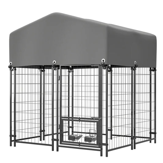 HKM-5925949 Heavy Duty Outdoor Dog Kennel with Roof - All-Weather Protection, Safe Lock Design, 4.23'x3.83'x4.83' Size