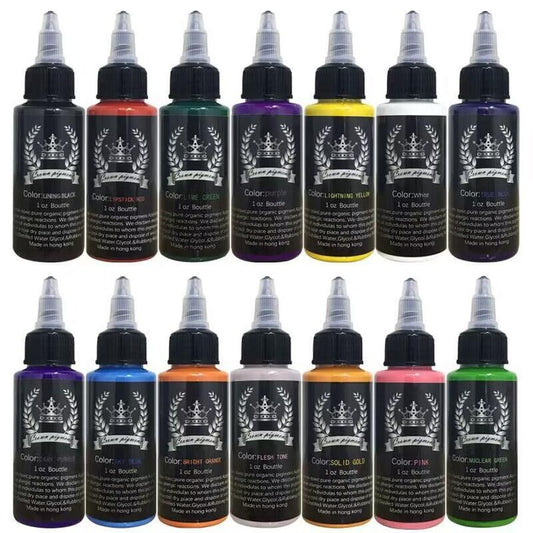 HKM-594707 Practice Pigment Tattoo Paint Set - 14 Colors of Professional Quality Tattoo Pigments in Stylish Silver Crown Design (30ml)
