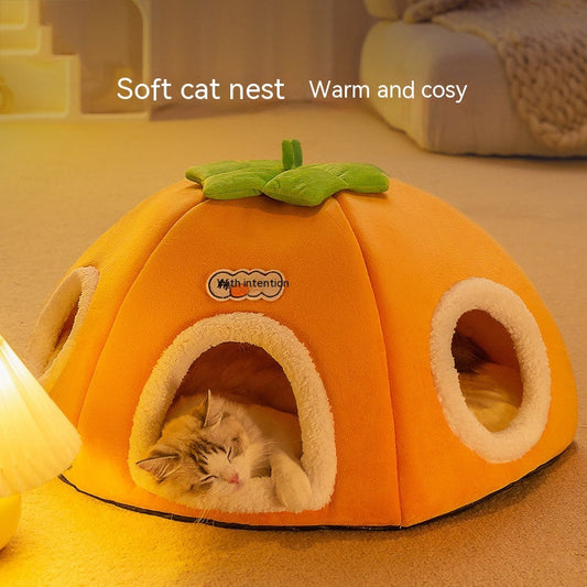 HKM-5947581 Warm Thickened Semi-Enclosed Cat Nest in Lucky Persimmon Color - Available for One to Four Cats