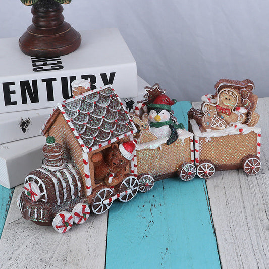 HKM-598803 Ginger Cake Train Christmas Decoration with Small House – European Style Resin Craft