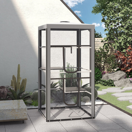 HKM-5990077 Secure Outdoor Cat Playpen with 3 Platforms and Zippered Access, Metal Frame