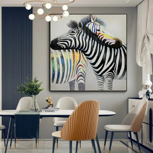 HKM-600915 Colorful Abstract Oil Painting of a Couple of Zebras on Canvas - Square Modern Art for Home Decor