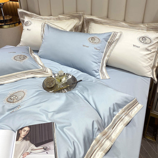 HKM-602451 Elegant Plain Color Cotton Satin Quilt Cover Bedding Set for Various Bed Sizes