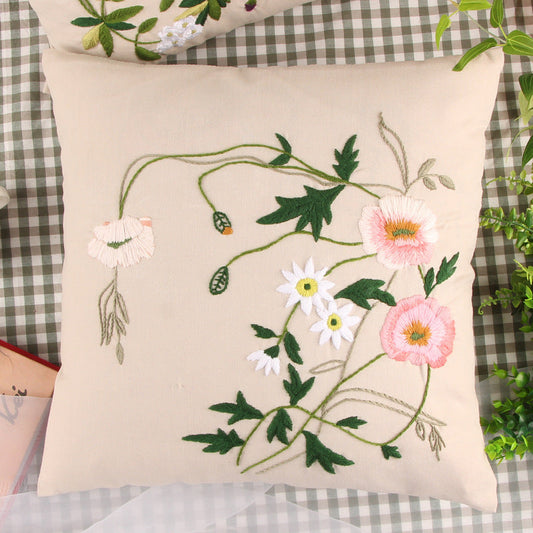 HKM-604179 Handmade Embroidery Material Package for Pillow Cover – Cotton Cloth, 42x42cm, Floral Patterns
