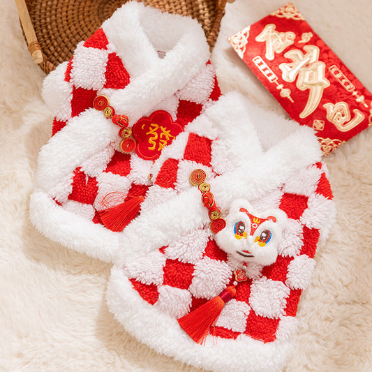 HKM-6050365 Lunar New Year Plush Dog Coat with Lion Dance Embroidery and Festive Design