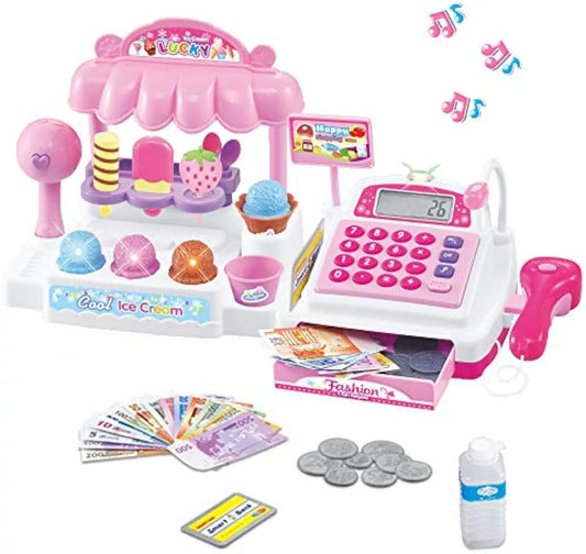 HKM-606099 Ice Cream Store Mini Cash Register Toy with Sound and Flashing Lights for Kids Ages 2-9