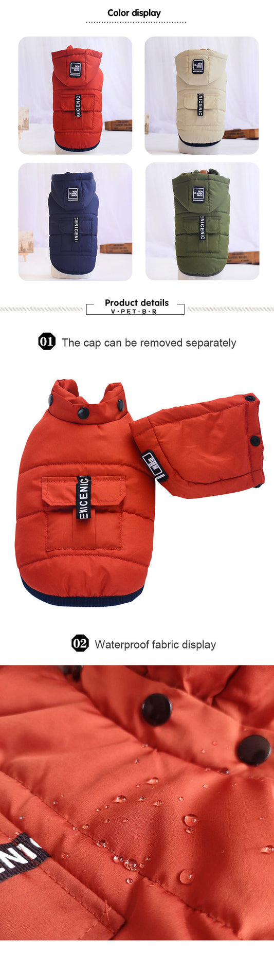 HKM-6073405 Removable Waterproof Cotton Pet Vest with Adjustable Hat in Multiple Colors