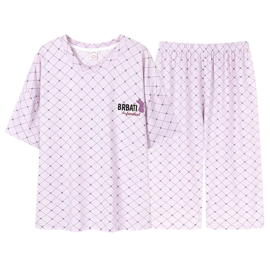 HKM-608275 Pajamas Women's Summer Cotton Short Sleeved Seven-point Pants Casual Light Purple Home Clothes Two-piece Suit