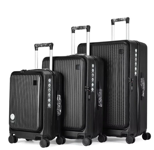 HKM-614867 Three-Piece Front Opening Laptop Travel Suitcase Set - Durable ABS PC Hard Case Luggage