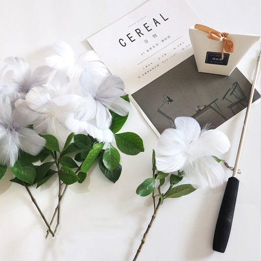 HKM-6177725 Telescopic Rod with Ribbon and Flower Replacement Head - White & Grey Blossoms Set