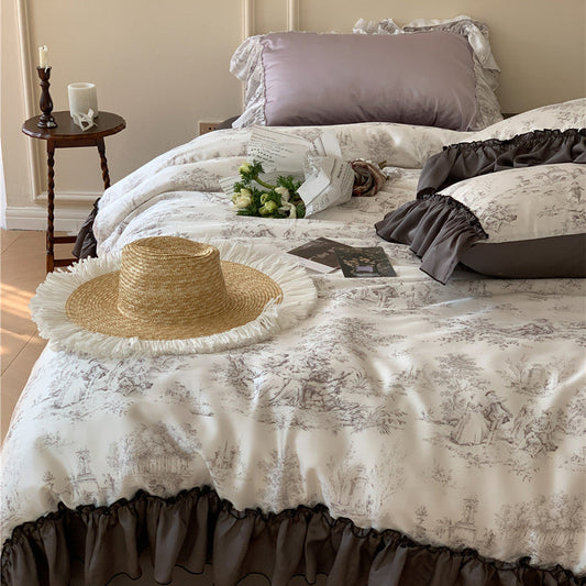 HKM-621715 Elegant Lyocell Fiber Lace Bedding Set - Available in White and Purple, Multiple Sizes