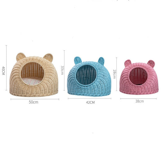 HKM-6290749 Hand-Knitted Semi-Enclosed Cat House - Imitation Rattan Nest in Various Colors and Sizes