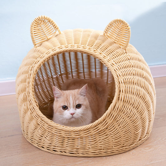 HKM-6290749 Hand-Knitted Semi-Enclosed Cat House - Imitation Rattan Nest in Various Colors and Sizes