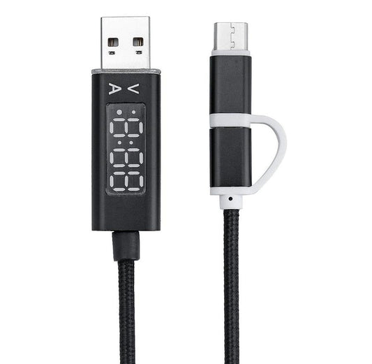 HKM-630163 Nylon Braided 2-in-1 Micro USB & Type-C Charger Cable with Current & Voltage Display