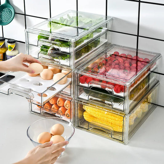 HKM-631187 BPA-Free Clear Plastic Drawer Organiser with Drain Tray for Fridge and Pantry Storage