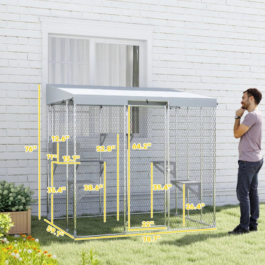 HKM-6369213 Spacious Galvanized Steel Catio with Waterproof Canopy and Jumping Platforms for 1-3 Kittens