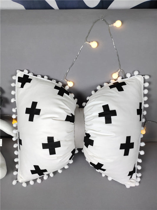 HKM-639571 Black and White Striped Cotton Bow Waist Pillow for Comfortable Lunch Breaks