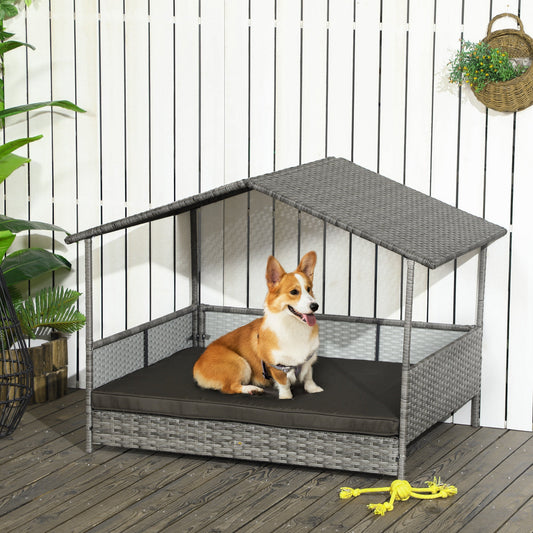 HKM-6410685 Charcoal Gray Rattan Outdoor Dog Bed with Canopy and Comfortable Cushion for Medium to Large Dogs