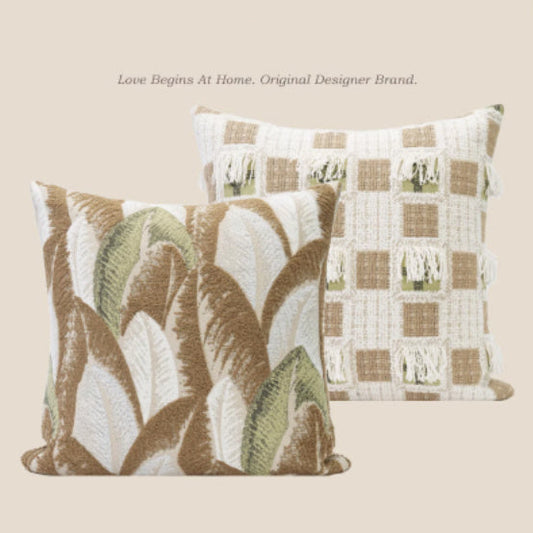 HKM-646227 Modern Cream Square Pillow with Plant and Flower Design, 45x45cm, Chenille Case