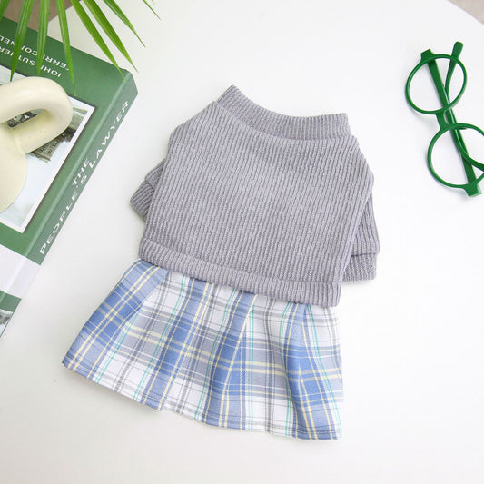 HKM-6482109 Wool Fabric Casual Dog Skirt and Pant Suit Set, Warm Pet Clothing