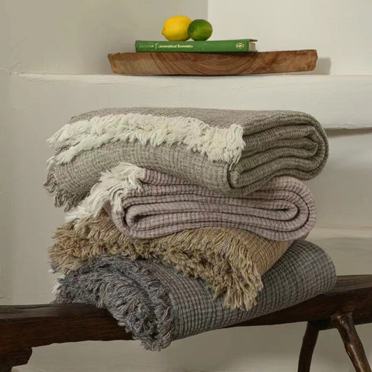 HKM-657619 Cotton and Linen Tassel Blanket with Modern Design – Available in Multiple Colors and Sizes