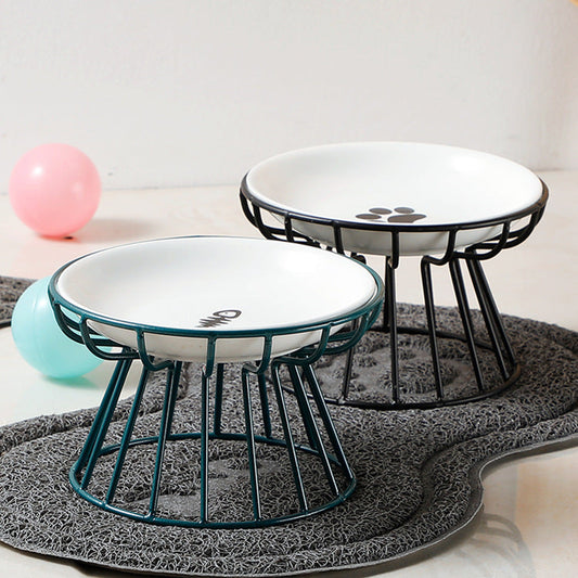 HKM-6603069 Ceramic Cat and Dog High Bowl with Bamboo Frame - Shallow Mouth Design for Comfort