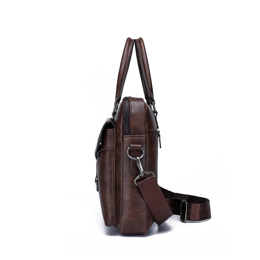 HKM-662611 Leather Laptop Briefcase with Shoulder Strap - Portable Crossbody Messenger Bag