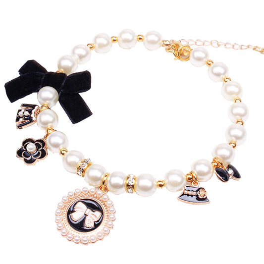 HKM-6649405 Lace Bow Dog Chain with Cat Bell in Pink and Blue Rhinestones