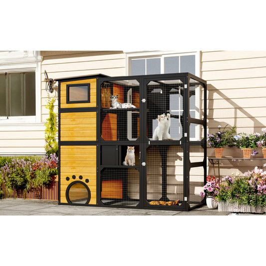 HKM-6656189 Indoor/Outdoor Multi-Level Cat Enclosure with Weatherproof Design, Window Attachment, Platforms, and Lounges in Brown