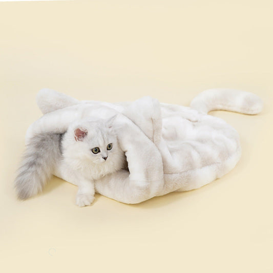 HKM-6710973 Cozy Grey Plush Cat Sleeping Bag Nest with Printed Rabbit Fur Accents