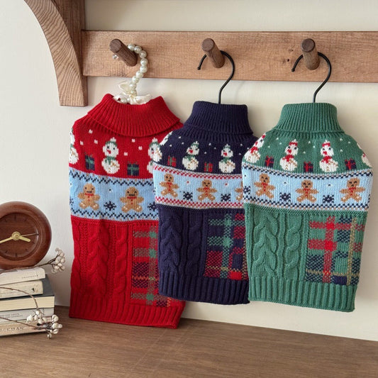 HKM-6731965 Snowman & Gingerbread Man Pet Sweater in Red, Green, Navy Blue - Multiple Sizes Available