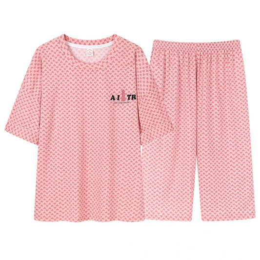 HKM-673811 New Arrival 2 Sets Short Sleeve Seven-point Pants Thin Sweetness Cute Sleepwear Women's Cotton Pajamas