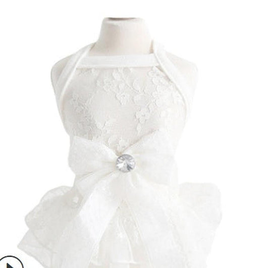 HKM-681235 Elegant Lace Bow Skirt for Small Pets ¨C Comfortable Cotton Wedding Dress in White