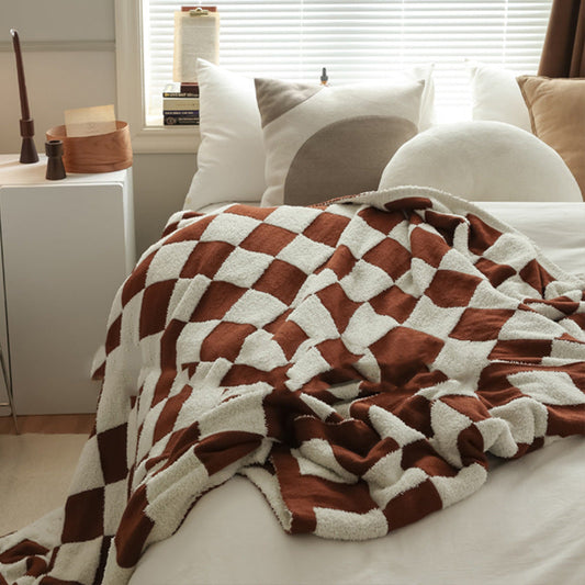 HKM-703507 Checkerboard Pattern Lamb Fleece Sofa Blanket in Multiple Colors - Cozy and Stylish Home Accessory