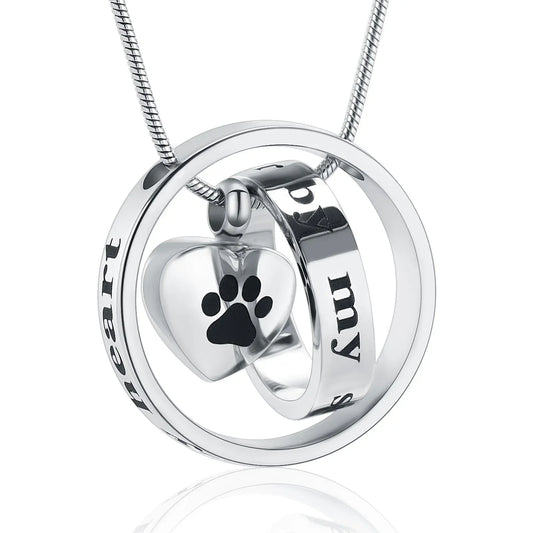 HKM-707731 Forever in My Heart,No Longer by My Side Cremation Pet Urn Necklace for Ashes Pendant Jewelry for Dog Paw Print