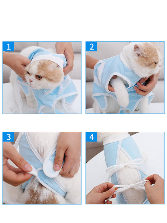 HKM-7110077 Lightweight Summer Cat Clothes - Breathable Casual Suit in Blue and White, Sizes S-XL