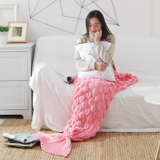 HKM-711955 Solid Color Fish Tail and Fish Scale Knitted Blanket - Modern Chenille, Multiple Sizes and Colors Available