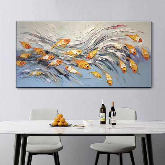 HKM-713875 Hand-Painted Canvas Art of Cheerful Fish - Unique Unframed Oil Painting for Home Decor