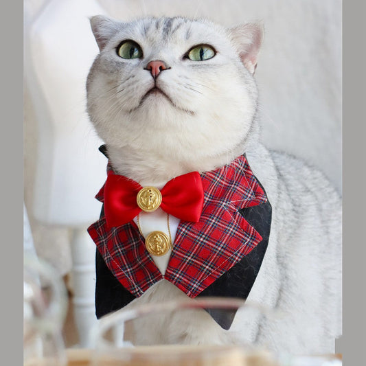 HKM-7140925 British Academy Style Bib Tie for Cats and Dogs - Red Grid, Blue Grid, Pink Line, Blue Line - Sizes S and M