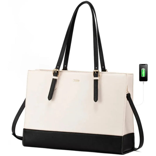 HKM-714643 Stylish 15.6 Inch Waterproof PU Leather Laptop Tote Bag for Women - Ideal for Business and Office Use