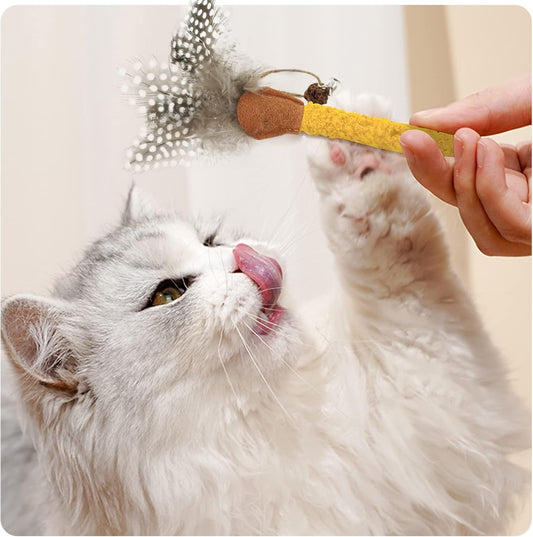 HKM-7205693 Natural Cat Chew Sticks with Feather for Teeth Cleaning and Stress Relief, 3-Color Set