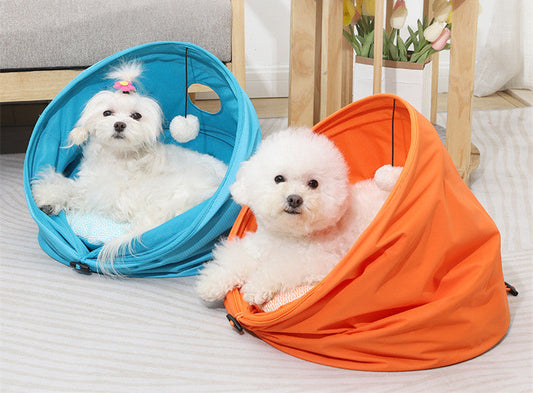 HKM-7229501 Medium Oxford Cloth Cylinder Pet Nest for Cats and Dogs - Cozy PP Cotton Cushion, Orange/Blue