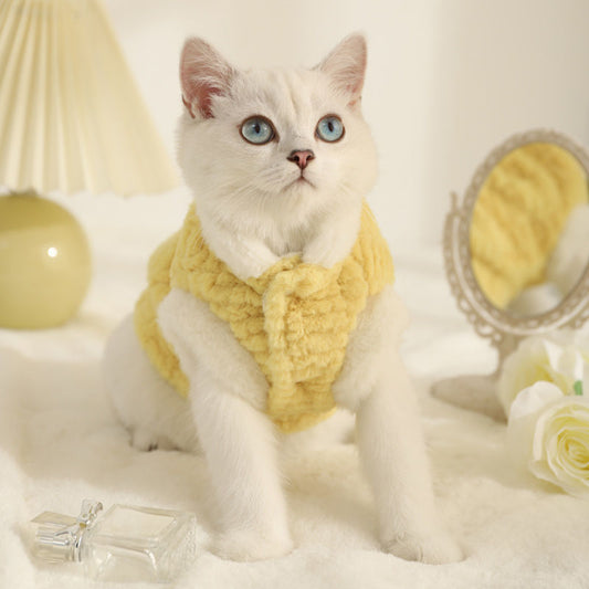 HKM-7241405 Warm Fleece-Lined Cat Clothing in Pink and Yellow Velvet, Sizes S to XL
