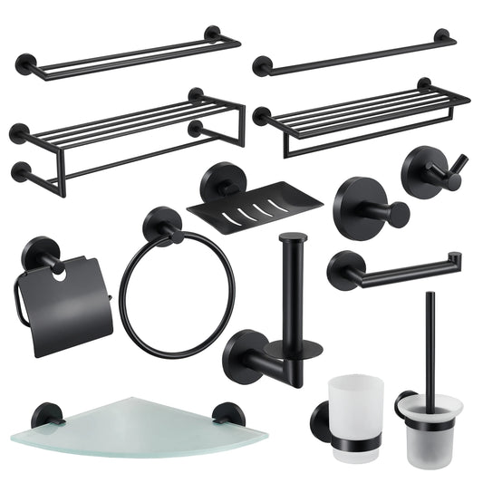 HKM-726867 Matte Black Stainless Steel 304 Bathroom Accessory Set with Towel Rack and Toilet Paper Holder